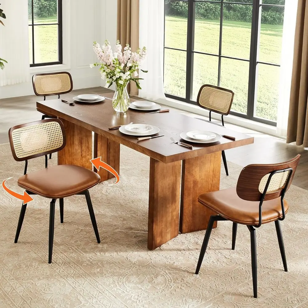 Brown Leather Swivel Chairs Set of 4 with Rattan Backrest, Modern Dining Chairs for Kitchen and Restaurant