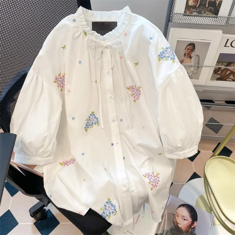 

French Elegant Blouses Puff Sleeve Bow Flower Embroidery Shirts Casual Loose Top 2025 Summer New Design All Match Women Clothing