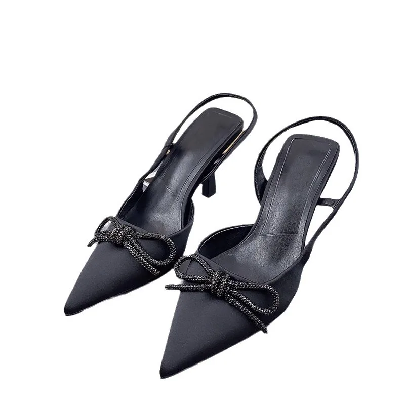 PSEEWE-zapatos de tacón alto con lazo negro para mujer, sandalias elegantes de oficina con talón descubierto, a la moda, para verano, 2024