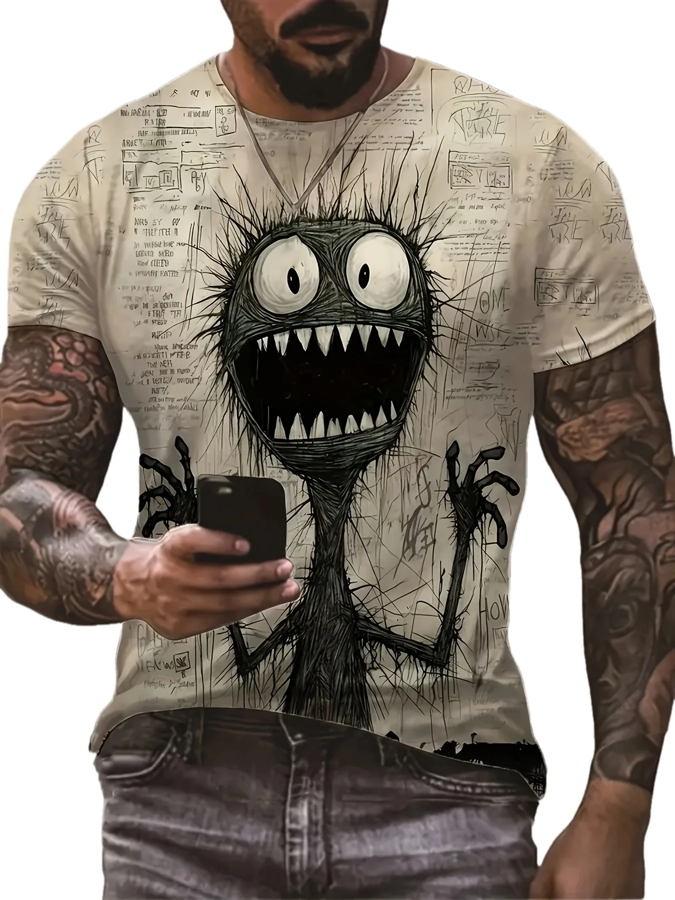Men's Sketch Scary Monster Print T-Shirt Casual O-Neck Short Sleeve Vintage Horror Graphic Tee Tops