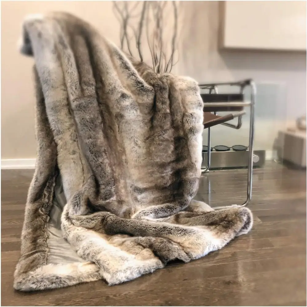 Luxury Faux Fur Throw Blanket Super Soft Oversized Thick Warm Afghan Reversible to Plush Velvet in Tan Grey Wolf, Cream Mink or