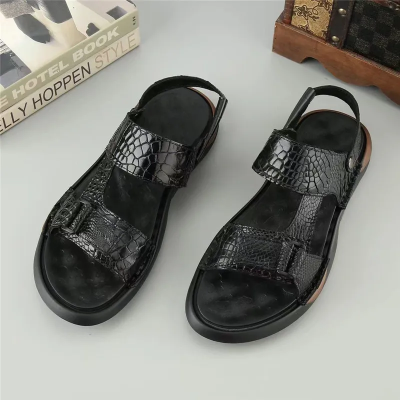 Authentic Exotic Crocodile Skin Classic Black Two-way Men's Slides Sandals Genuine Real Alligator Leather Male Open Toe Slippers