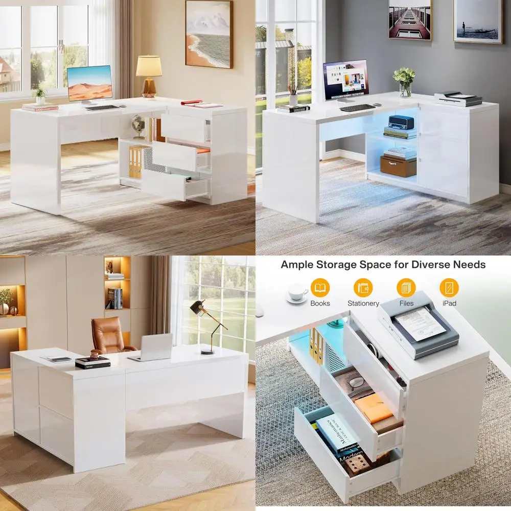55 مكتب على شكل حرف L مضاء بإضاءة LED مع 3 أدراج ورفين للمكتب المنزلي أو الدراسة