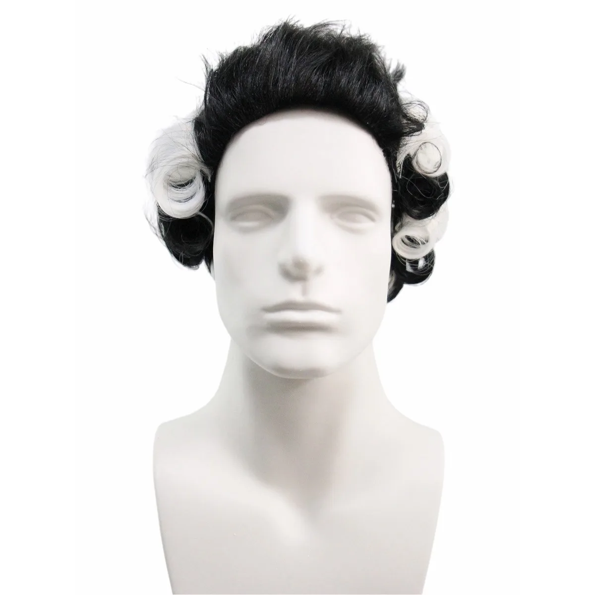 Black and White Colonial Judge Wig, Curly Synthetic Hair with Ponytail for Halloween and Historical Cosplay