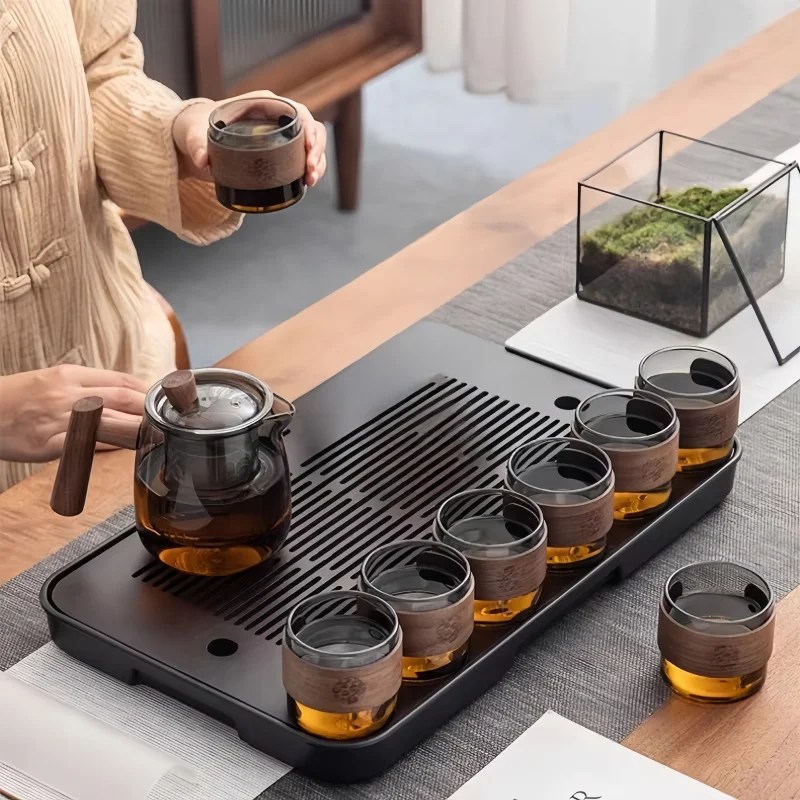 

Стеклянный чайник, деревянная ручка, китайская чайная церемония, прозрачный чайный набор, фильтр для чашки, высокоборосиликатный японский чайник