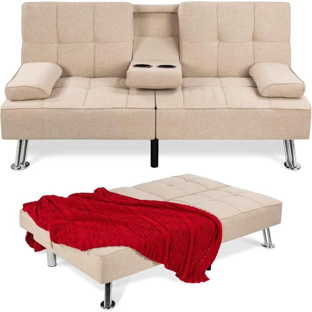 Futón plegable moderno de lino, sofá cama reclinable para apartamento, dormitorio con reposabrazos extraíbles, 2 Cupholders, color Beige