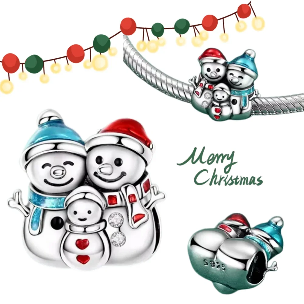 Christmas Party 925 Sterling Silver Winter Classic Snowman Family  Pendant Charm Fit DIY Original Bracelets Women Jewelry Gift