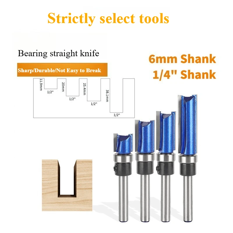 4Pcs /1 PCS Bearing Straight Trimming Milling Cutter Double Edged Slotting Router Bit Woodworking Machine Tool Head Accessories