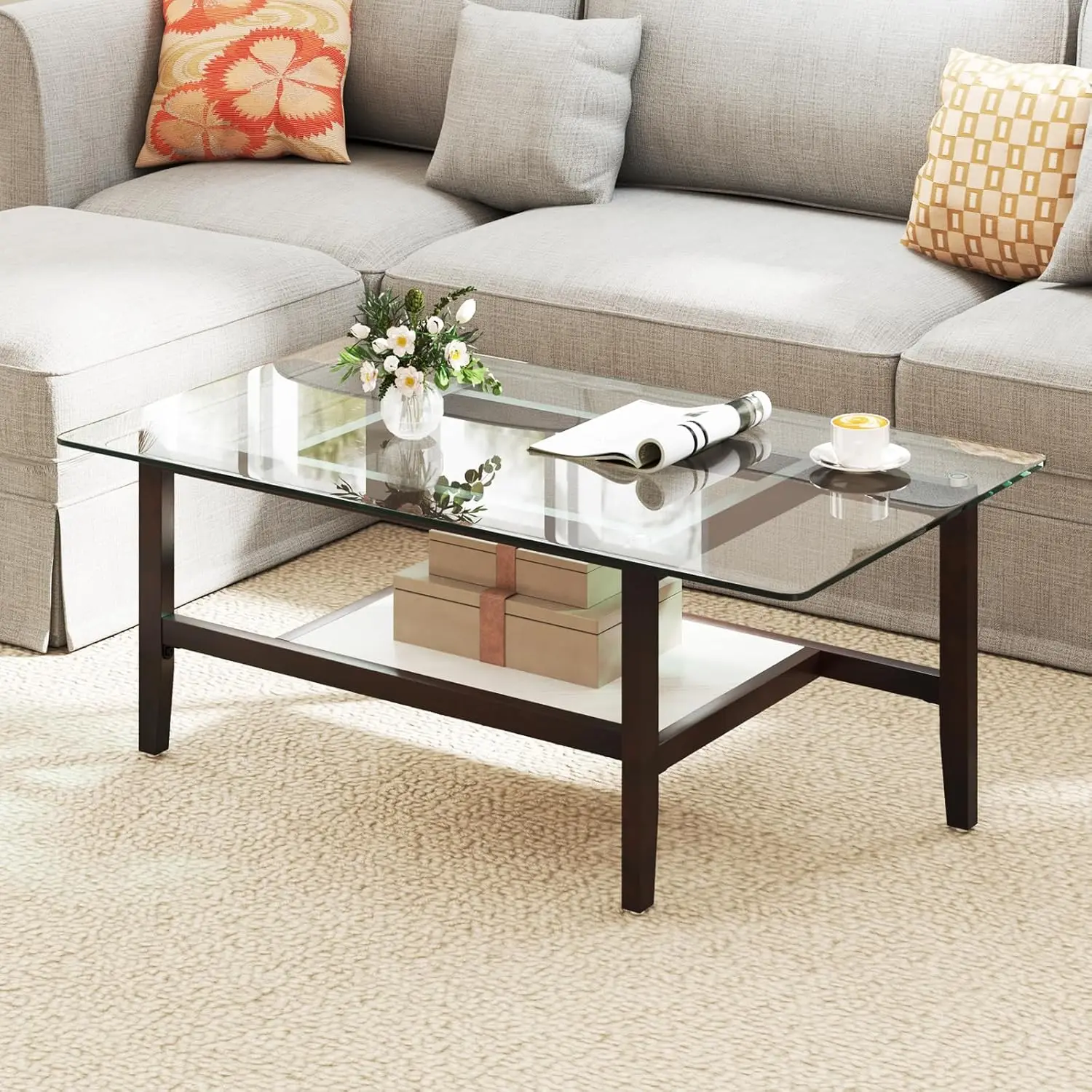 

42" 2-Tier Glass Coffee Table with Storage Shelf & Rubber Wood Legs Modern Living Room Office Brown, Customized