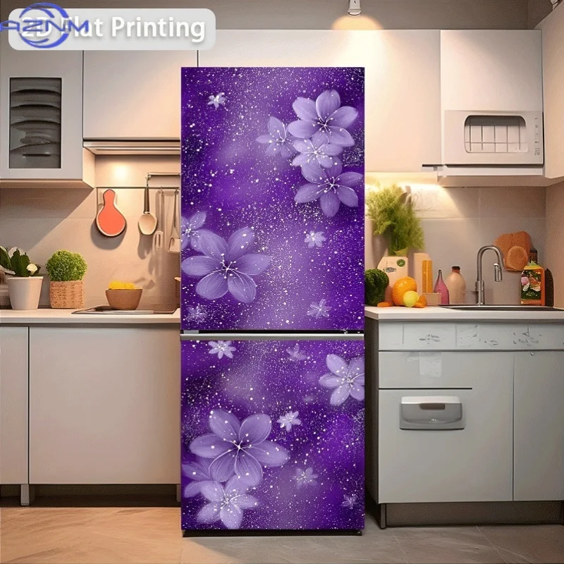 [2D-Flachdruck, kein 3D] 1 Stück Kühlschrankaufkleber 60x180 cm, lila, traumhaftes Blumenmuster mit Sternenhimmel-Hintergrund, Themen-Szene, Wandaufkleber
