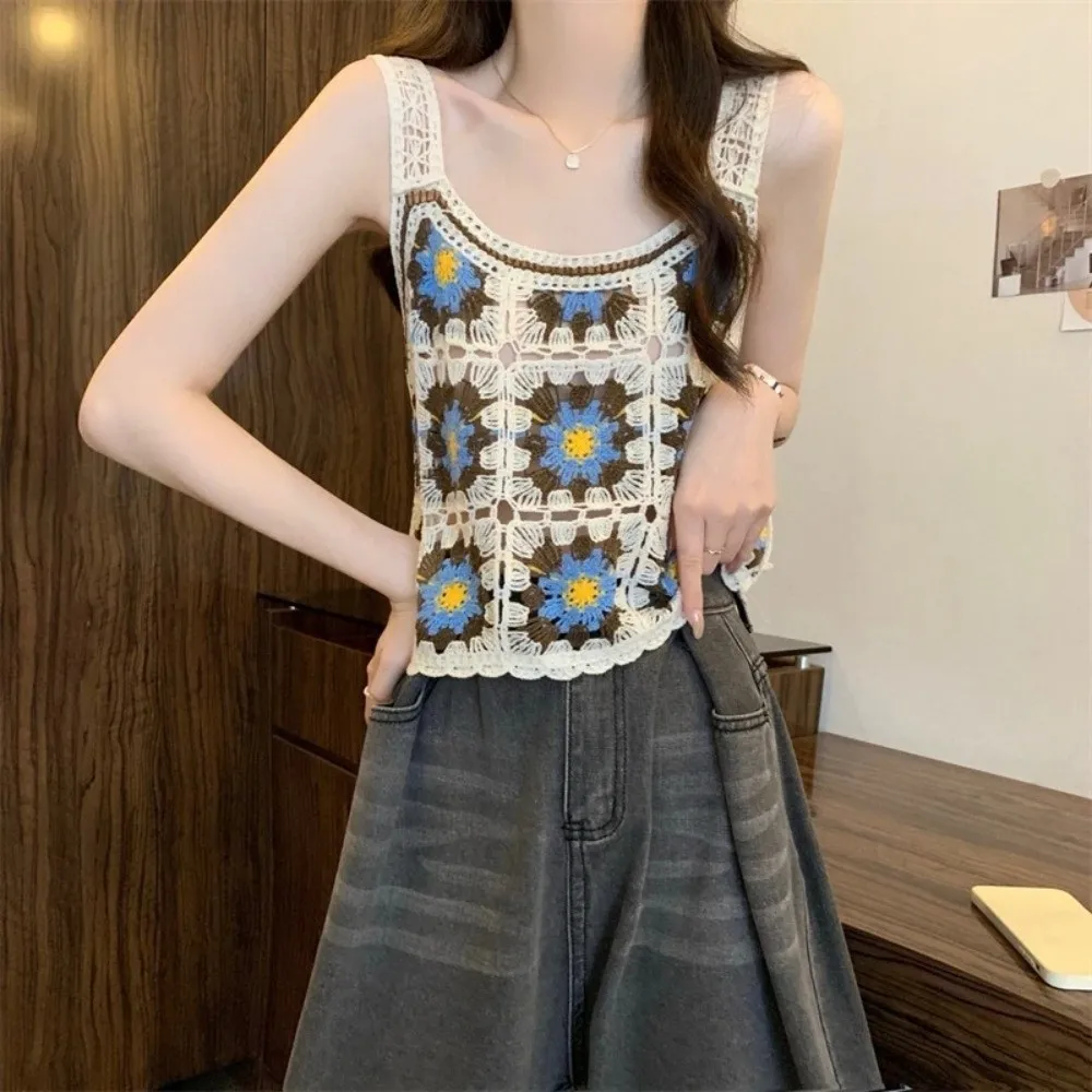 Sweet Knitted Hollow Out Vest Strap Dopamine Floral Crochet Blouse Colorful Bohemian Holiday Style Sleeveless Top Women's Top