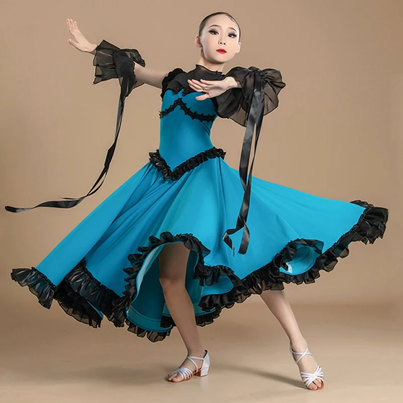 New Summer Girls Ballroom Dance Competition Suit Blue Sleeveless Dress Waltz Modern Dancing Costume Ball Gown Standard VDL294