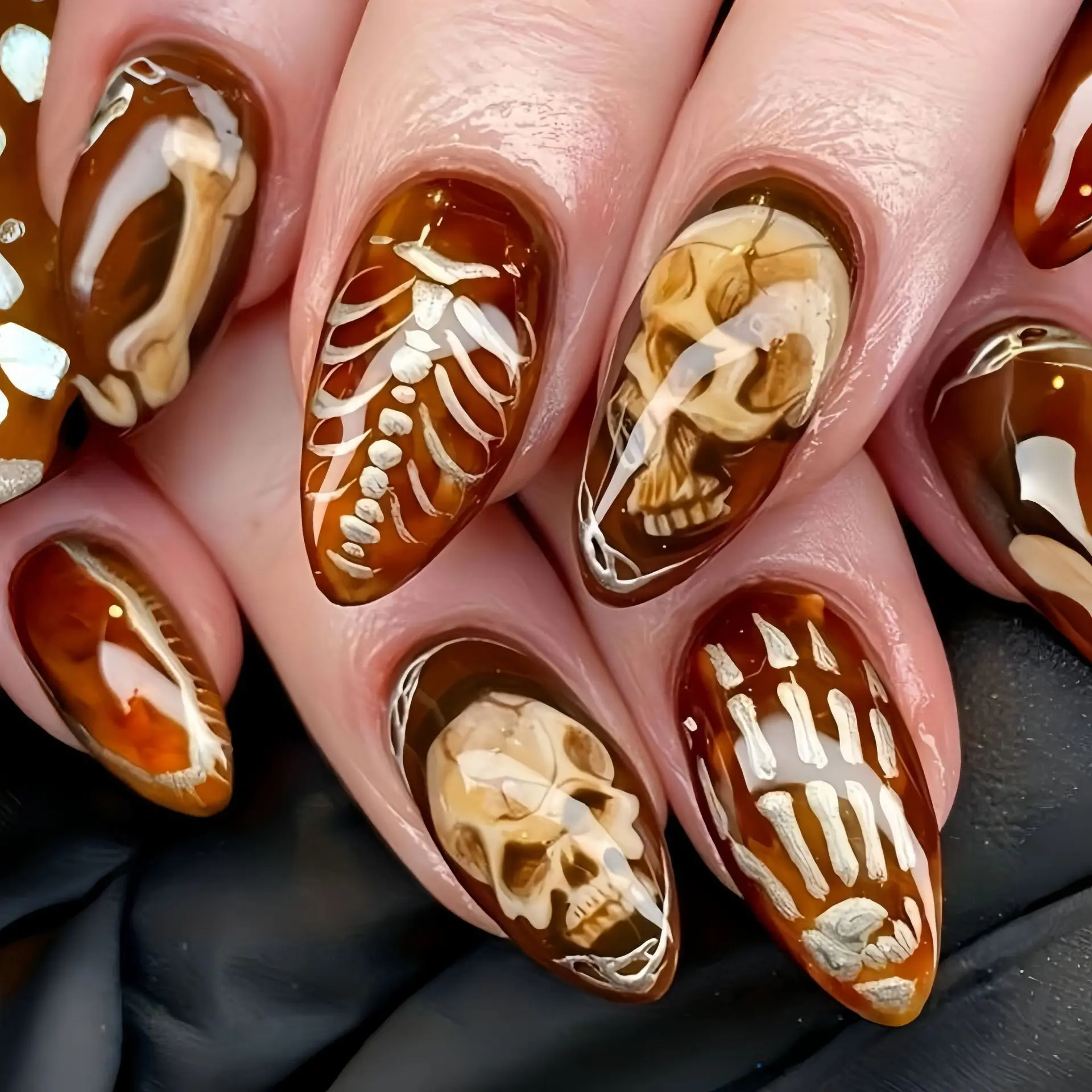 

24PCS Ins Brown Gradient French Press on Nails Halloween Punk Skull Undead Glossy Almond False Nails Fashionable Fake Nails Tips