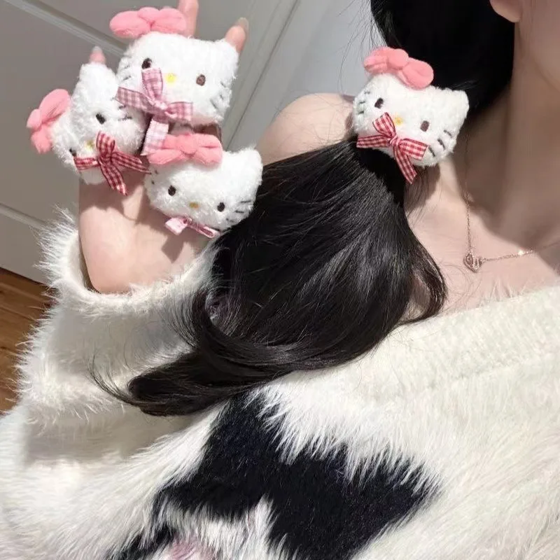 Sanrio Cute Hello Kitty Plush Bow Hair Clip Sweet Girly Heart Kawaii Large Intestine Hair Band Party Hairpin Hair Accessories