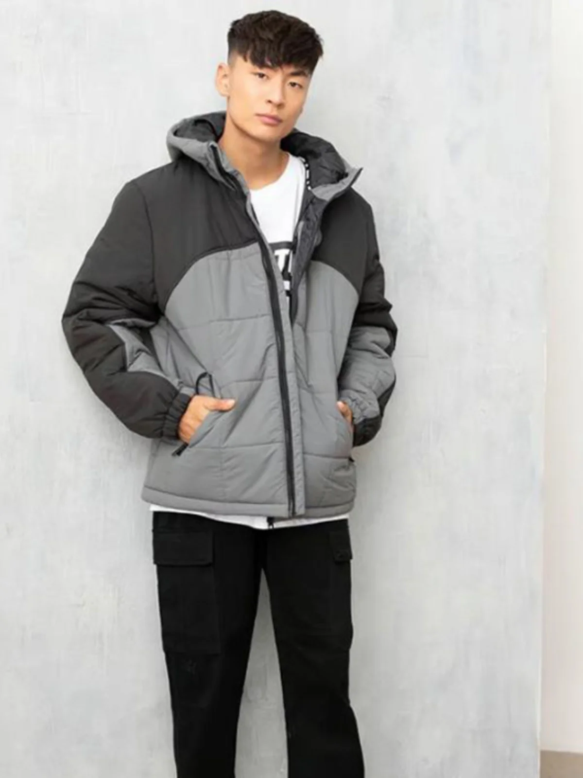 

Men's Cotton Jaet S Size Hooded Patchwork Color Blo Zipper ket Elastic Cuff Warm Comfortable Winter Faion Casual