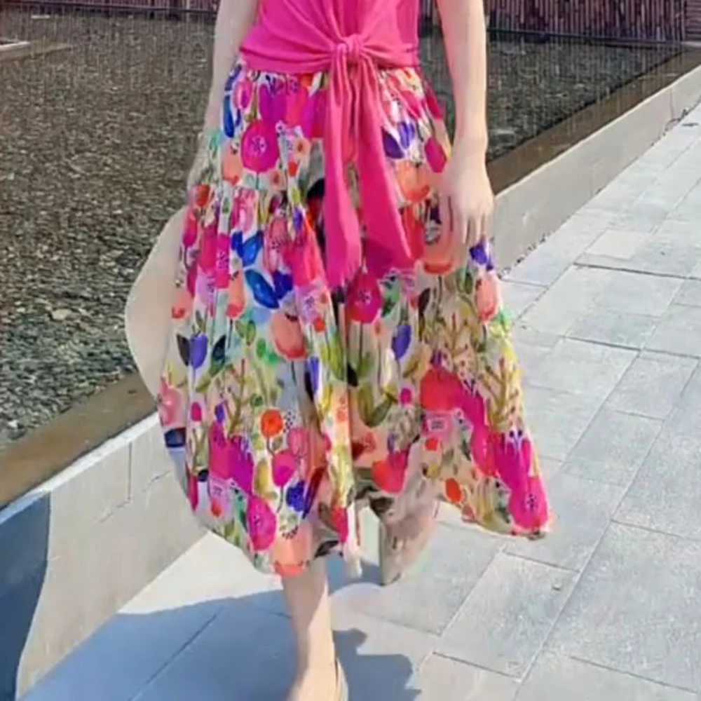 New ethnic floral skirt lace-up short-sleeved suit is a must in summer  Slight Strech long skirt vintage y2k