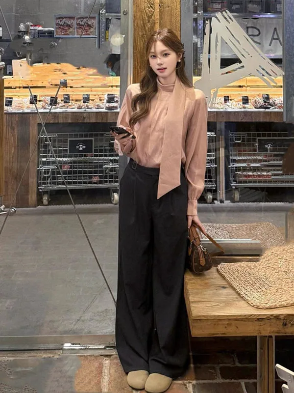 

Elegant Pink Sash Long Sleeve Shirt Women's Slim Fit Shirt Gentle Style Polyester Fiber Regular Sleeve Length 2025 Autumn