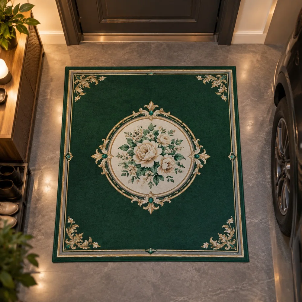 VIKAMA Floor Mat Dark Green Bordered Floral Round Medallion Washable Walk In Closet Bathroom Hallway Bedside Home Decoration