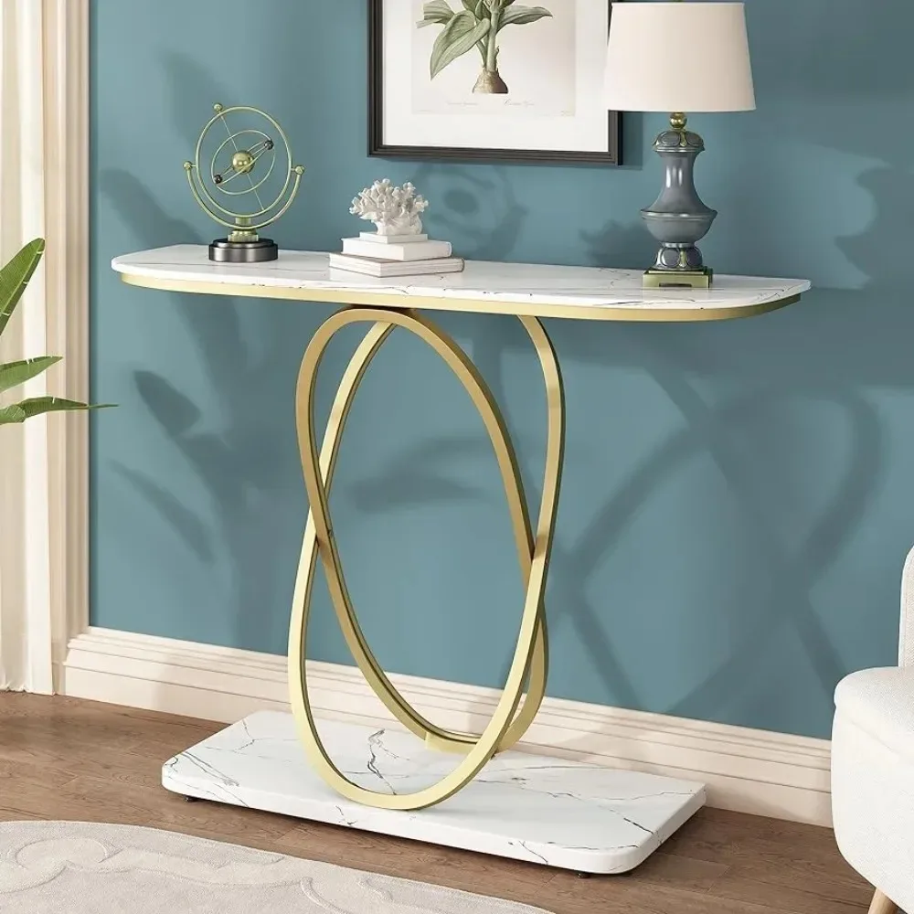 Modern Console Tables for Entryway,Marble Entrance Table with Gold Oval Frames and Marble Base,Gold and White Sofa Table for