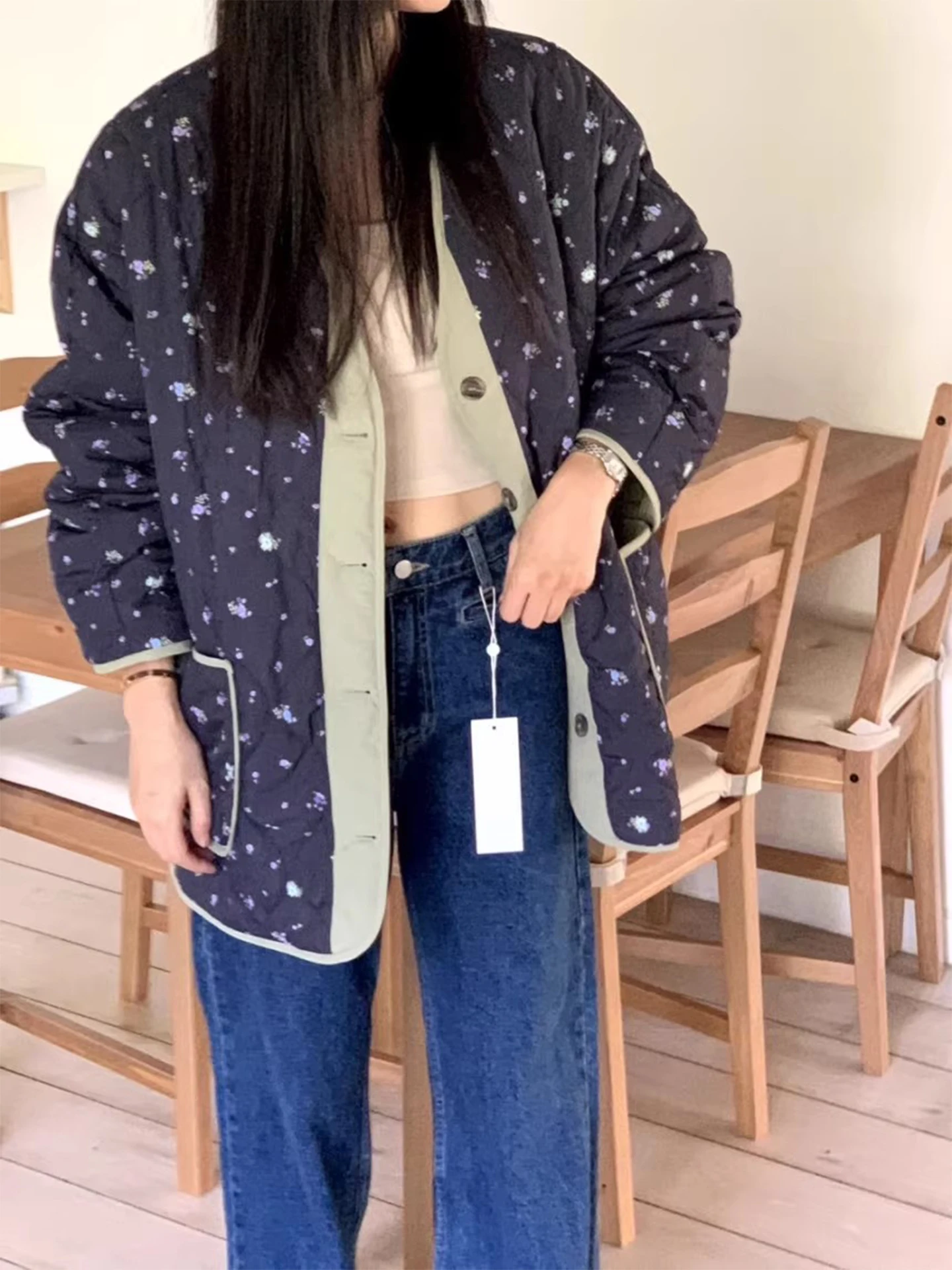 Stampa floreale Double-Sided Wear Cotton Jaet Donna Inverno Nuovo Sle Warm Top con doppi kets Coreano Loose Fit V-Ne
