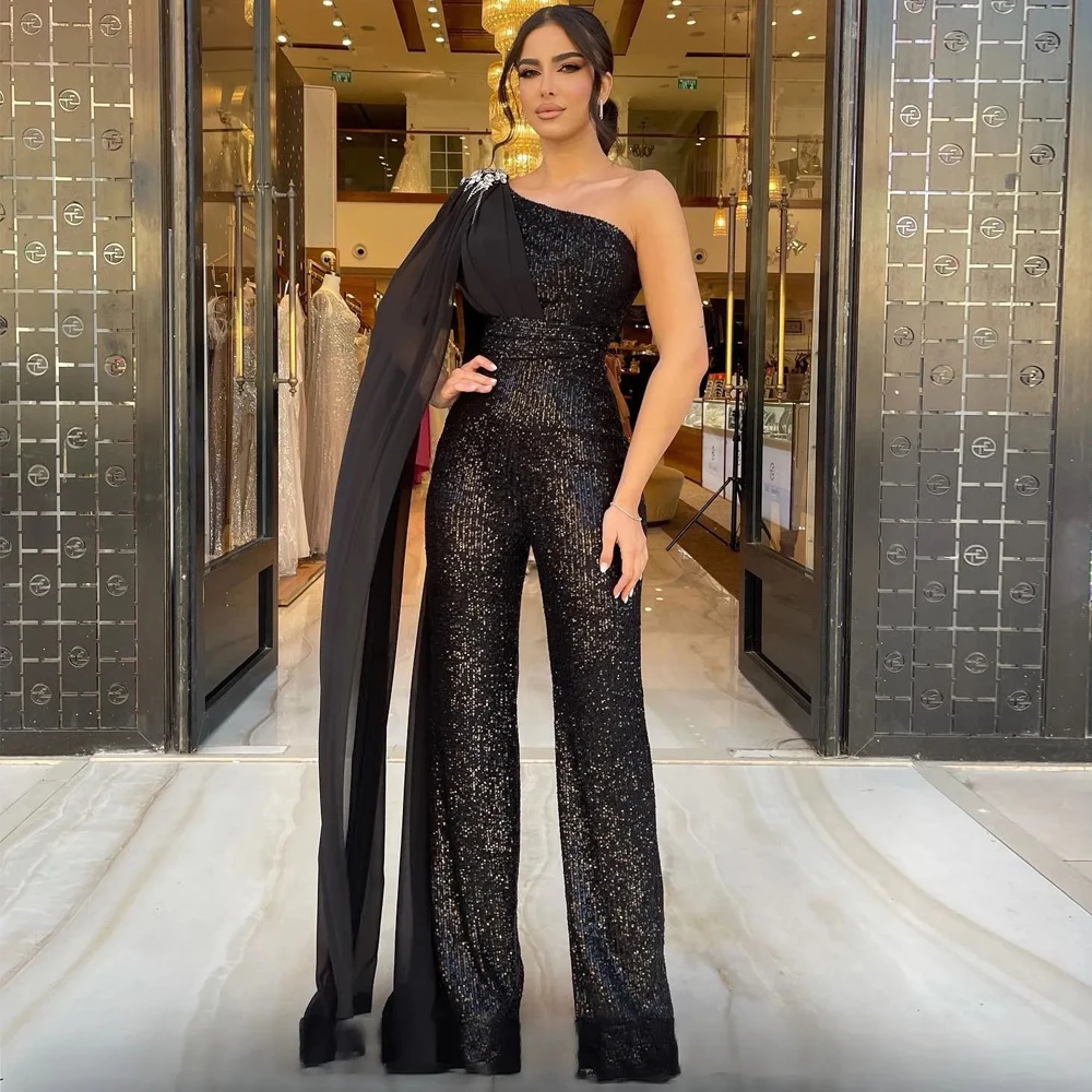 

Bling Black Jumpsuit Prom Dress With Beaded One Shoulder Sequin Glitter Outfit Evening Dresses 2023 Pant Suit Formal Party Wear