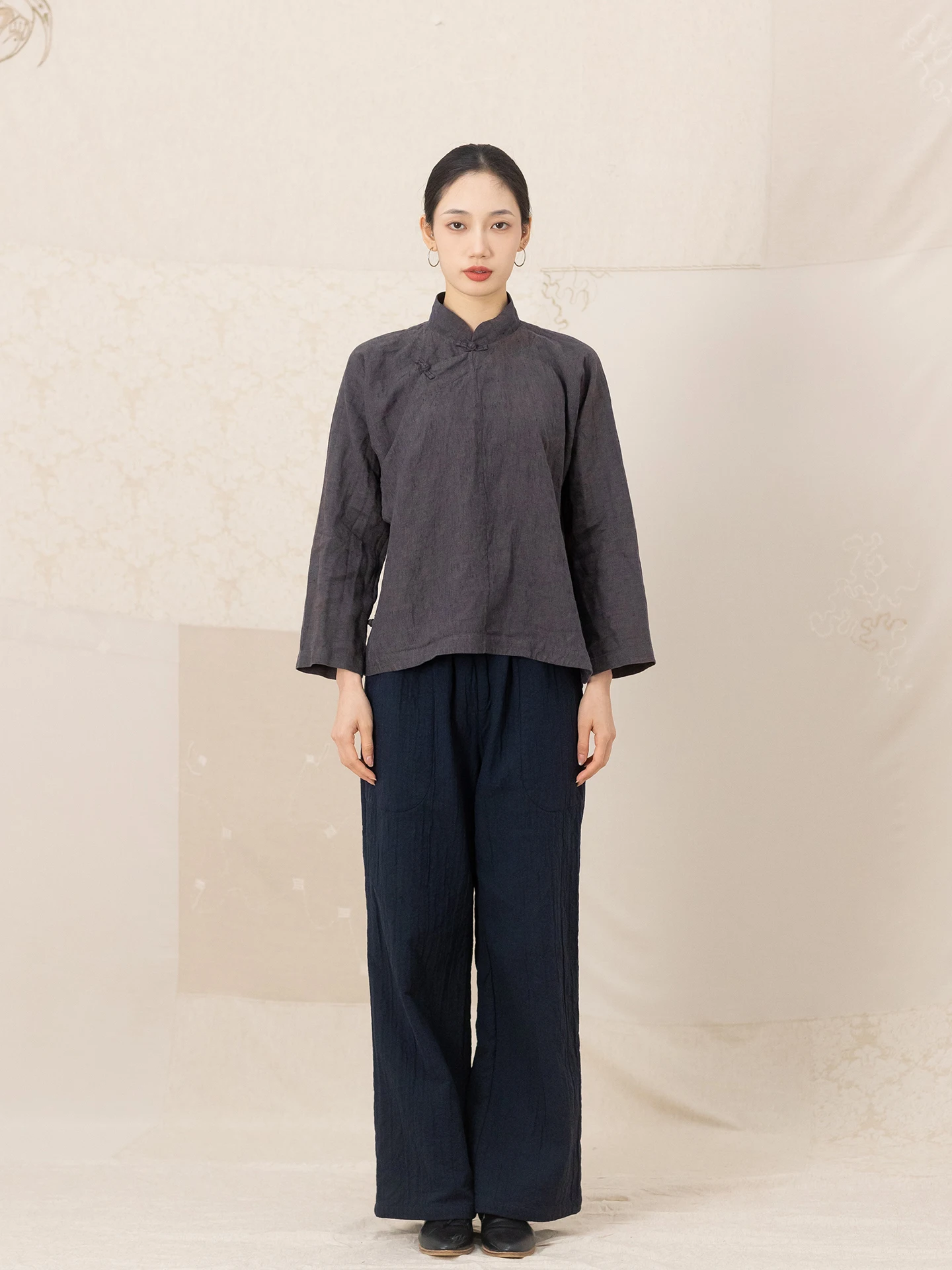 

Artistic Vintage Linen Commute irt Stand Collar Asymmetrical Buttoning Woven Color Straight Tube Long Sve Women's Top