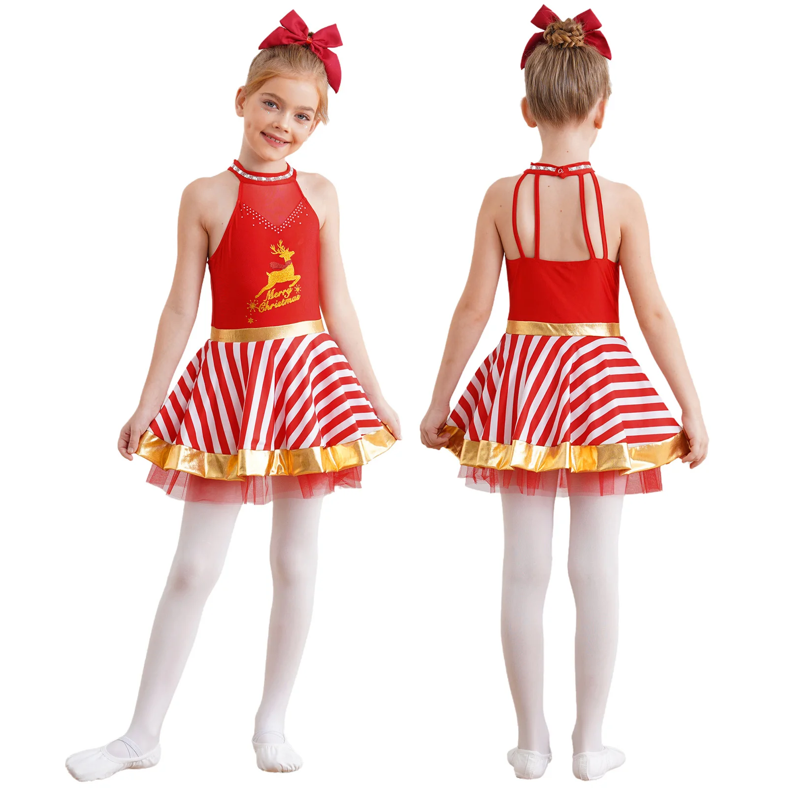 

Girls Christmas Santa Elk Costume Sequins Stripes Ballet Tutu Dance Dress Figure Skating Bodysuit for Party Candy Cane Costumes