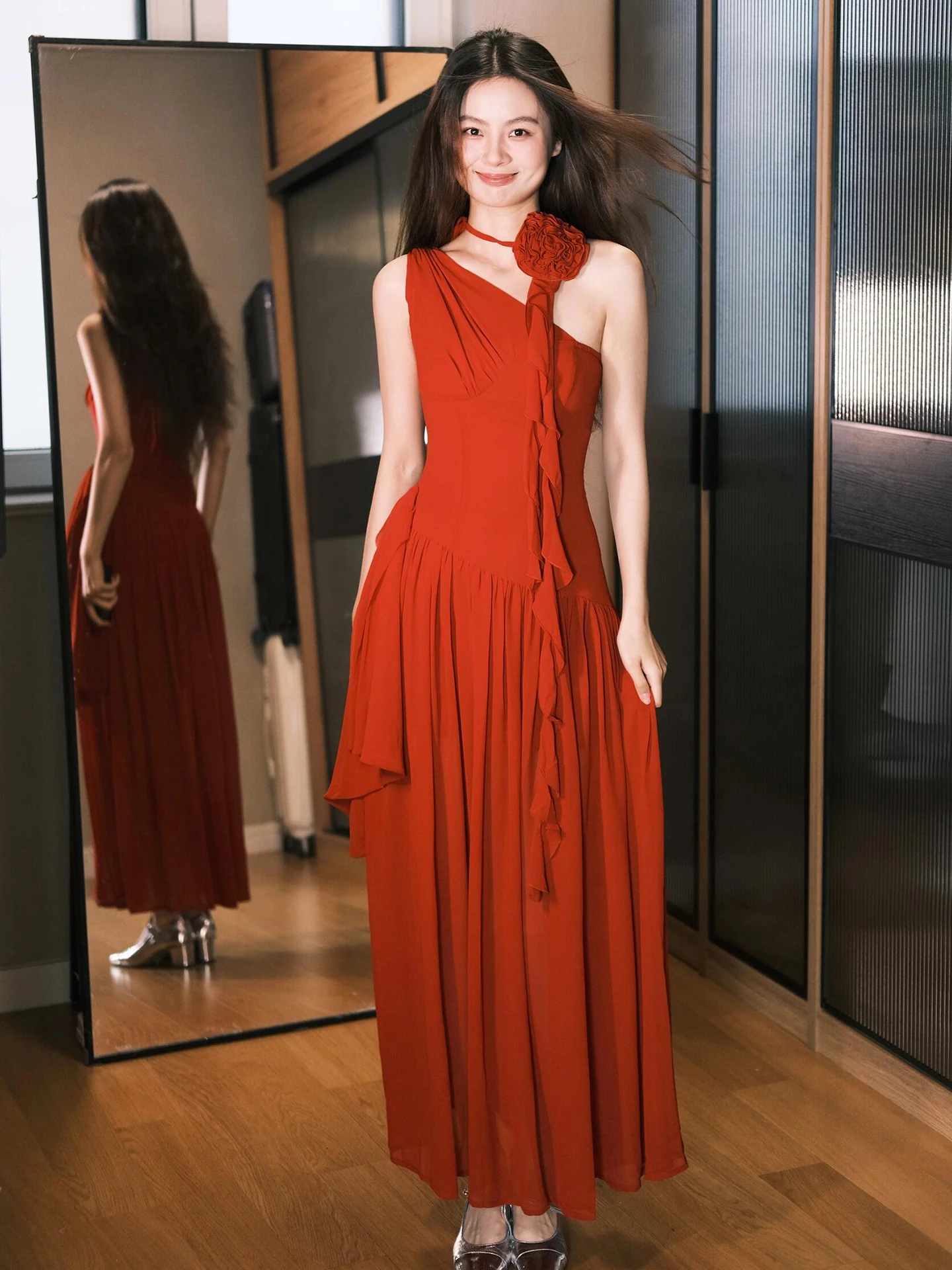 

Изящный красный свадебный халат с одним открытым плечом для помолвки, ужина и повседневной носки в день свадьбы