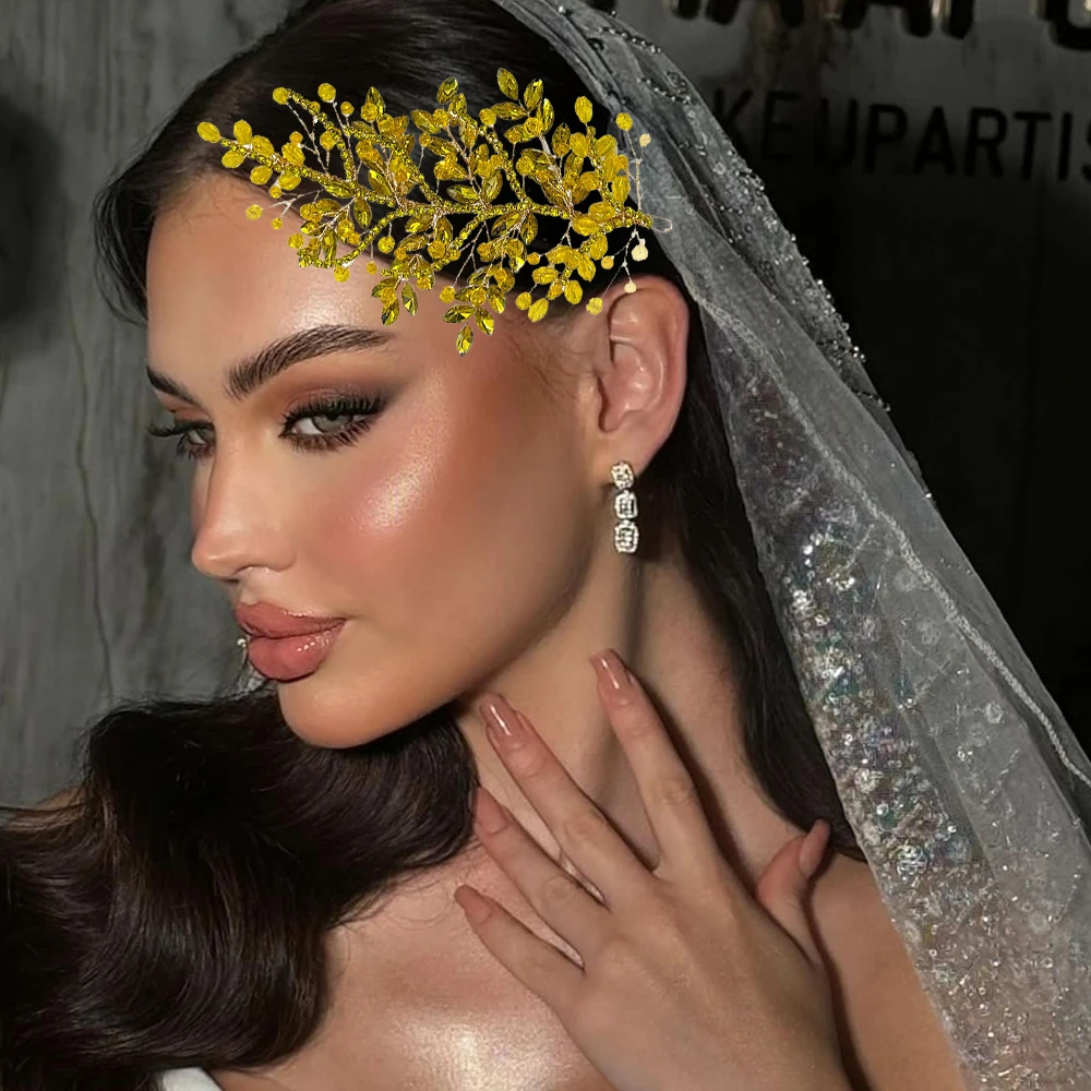 

DZ256-Golden Yellow Wedding Hair Accessories Band Headband Gift Crystal Bridal Headpiece Evening Hair Jewelry for Women Tiara