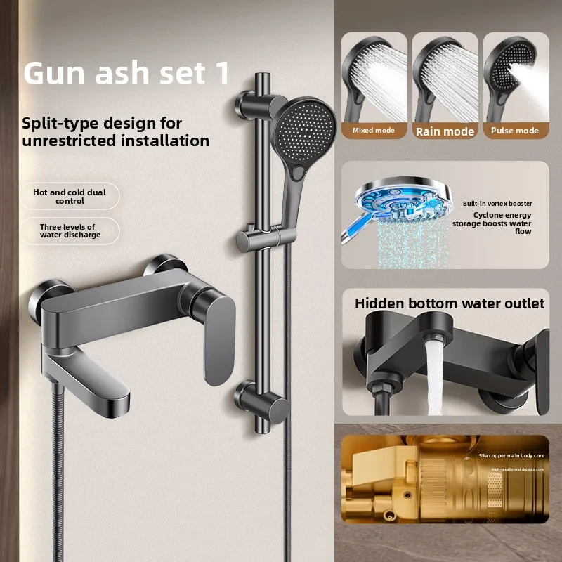 All Copper Shower Faucet Set Three Valve Mixer Bathroom Shower System Shower Head and Handle Set Shower Head Set Silver Gray