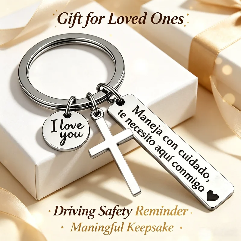 Spanish Key Pendant 'Maneja Con Cuidado' Cross round Sign I Love You Stainless Steel Keychain Bag Decoration Small Gift