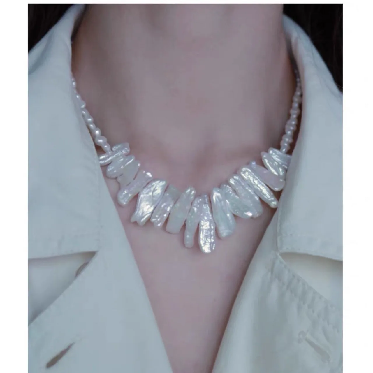 

biwa pearl necklace white gold plated bezel set chain Necklace Long Fashion Jewelry