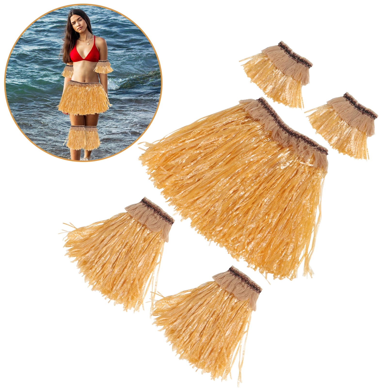 

Grass Skirt Set Elastic Waistband Arm Leg Bands Hawaiian Outfit Women Adult Luaus Beach Weddings Tropical Events