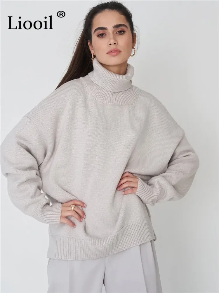 Liooil Knit Turtleneck Sweater Women Pullovers Long Sleeve Knitting Tops Female Jumper Autumn Winter Streetwear Baggy Sweaters