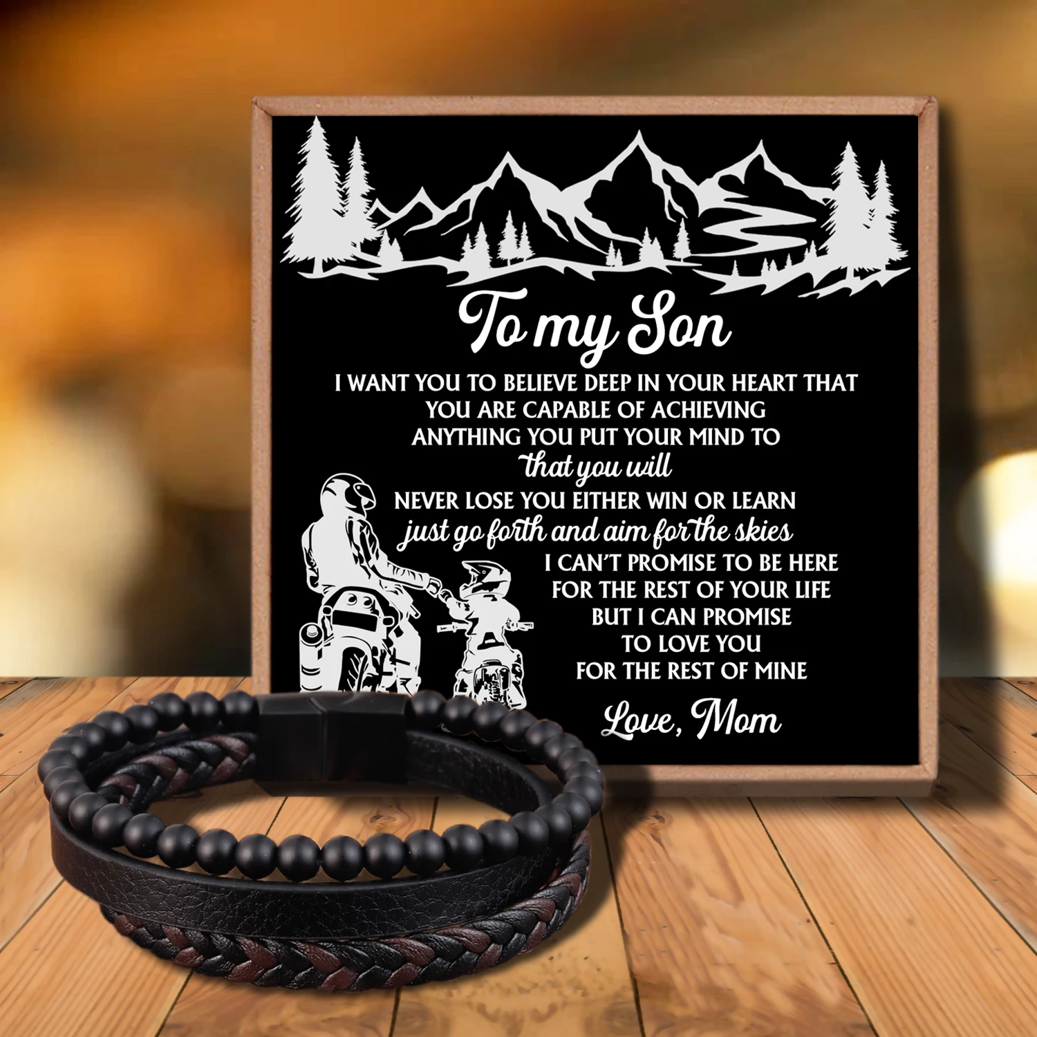 

Sab3041 Mom To My Son Man Beaded Leather bracelet Mixed Leather Lava Stone Beads, Men's Leather Bracelet Genuine Leather