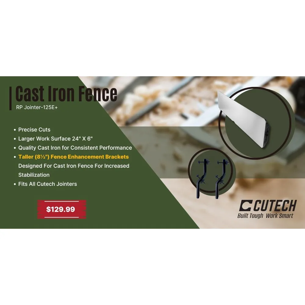 RP Jointer-125E+ 24" x 6" Cast Iron Fence with 8½" Fence Enhancement Brackets