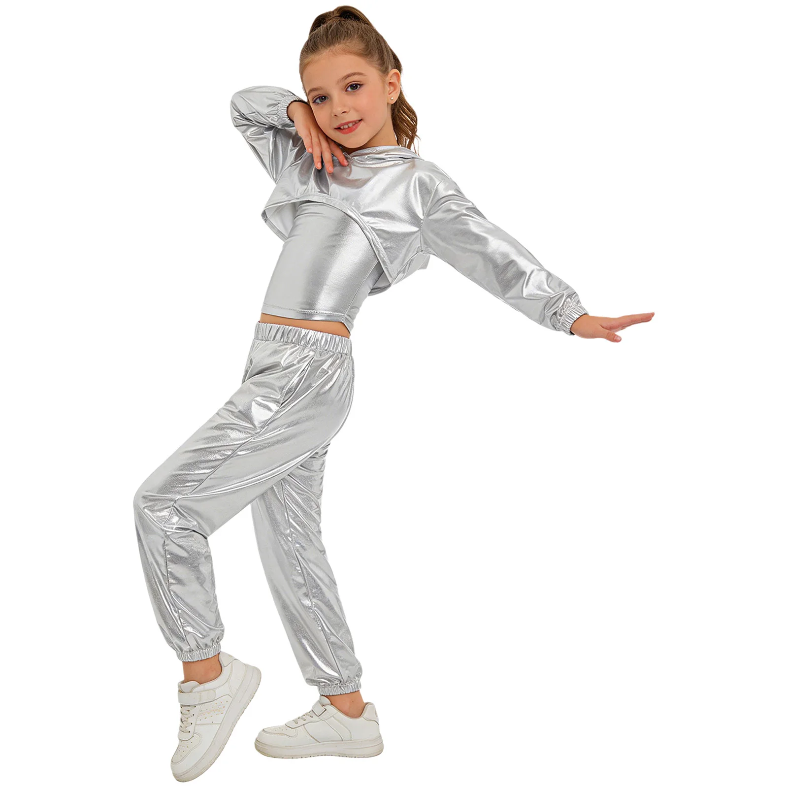 Kids Girls Hip-Hop Jazz Dance Costume Long Sleeve Metallic Cropped Hoodie with Spaghetti Straps Camisole with Shiny Pants