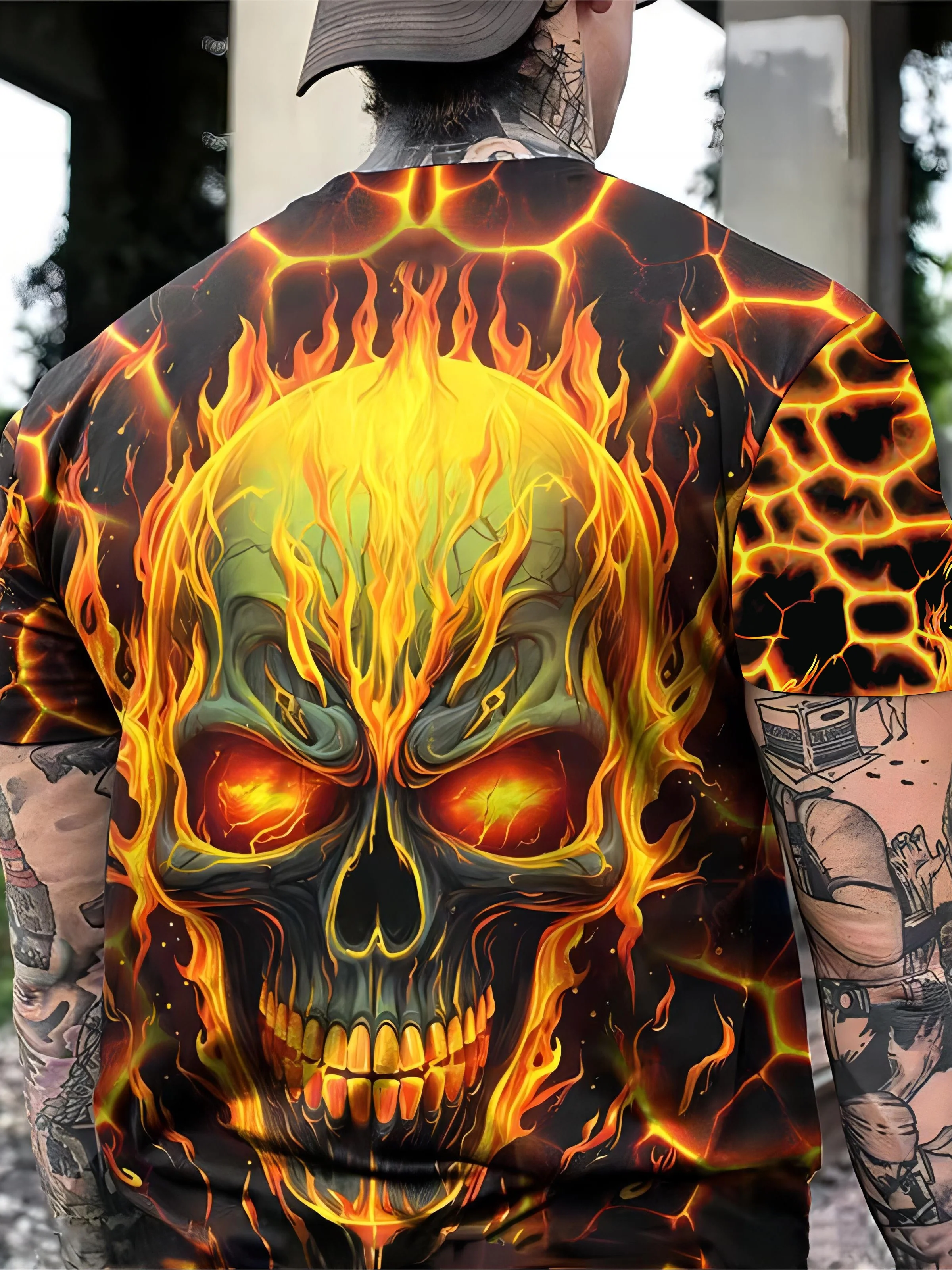 Men Short Sleeve T‑Shirt Fiery Lava Skull Glowing Flame Crack Hot‑Theme Crew Neck Tops