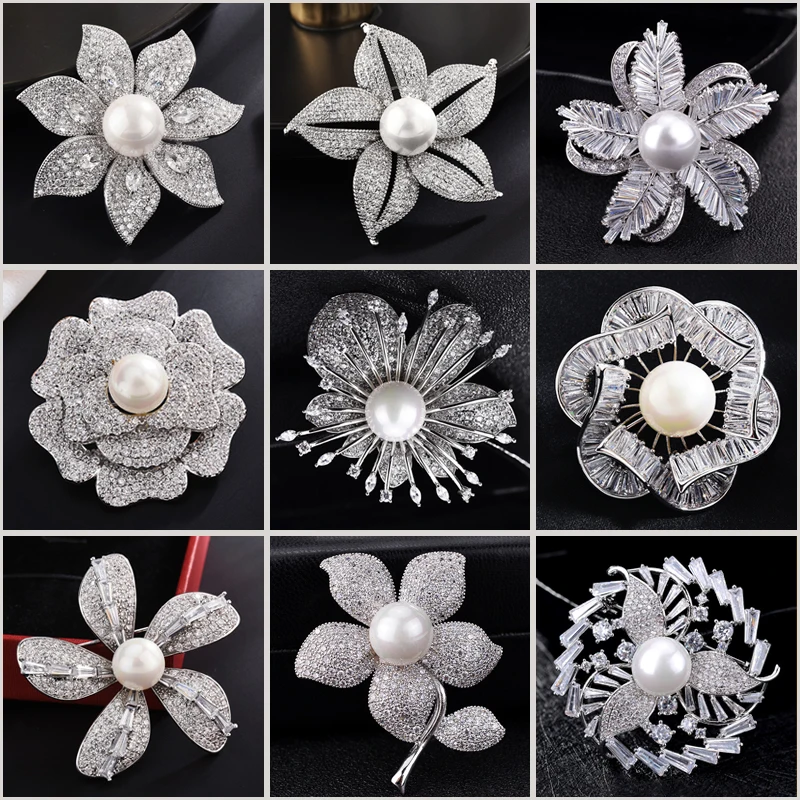 

Elegant Pearl Flower Women's Brooches Luxury Zircon Corsage Overcoat Dress Pins 2023 Autumn Winter Accessories Snowflake Broche