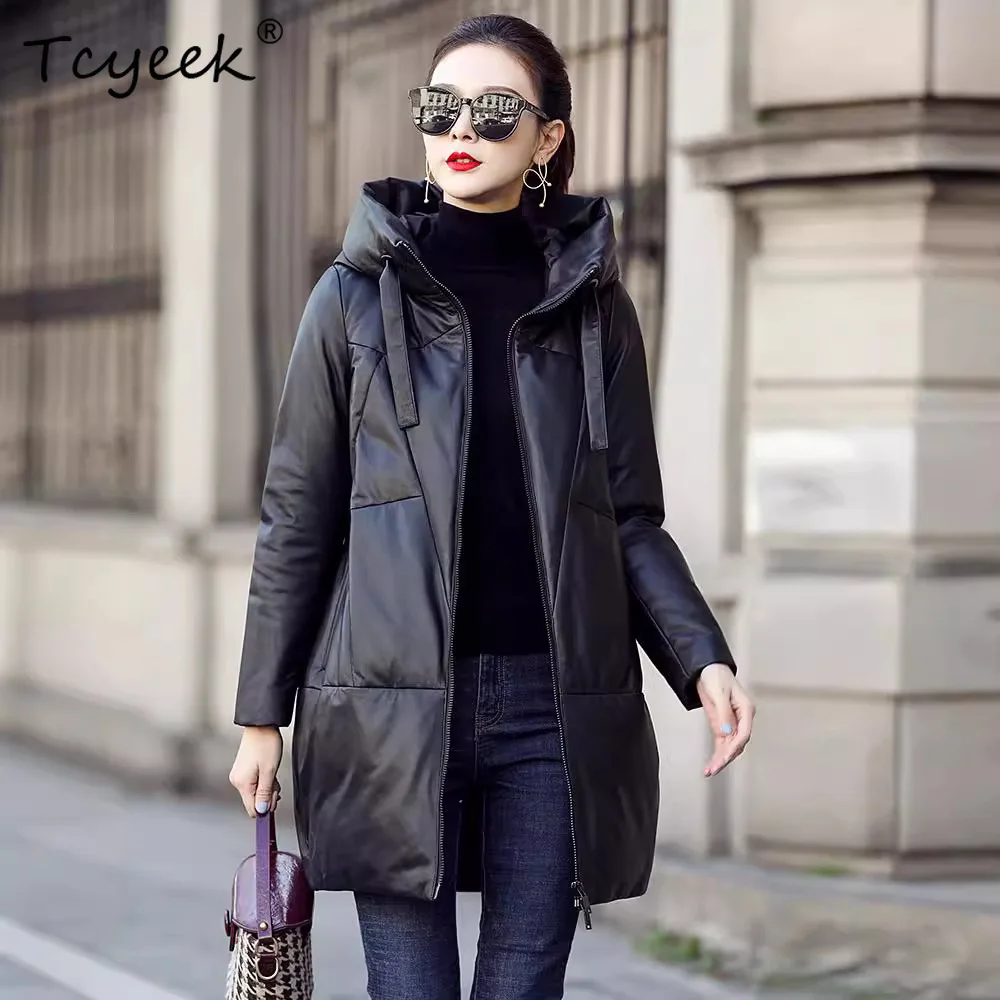 Tcyeek Real Top Layer Sheepskin Autumn Winter Black Hooded Medium Length Women's Genuine Leather Jacket Женская Кожаная Куртка