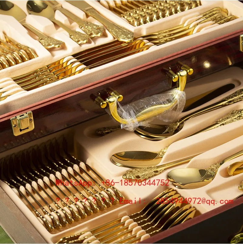 Tableware Set 72-piece Set Embossed Court Partial Gold Stainless Steel Knife, Fork and Spoon Gift Box Wooden Box