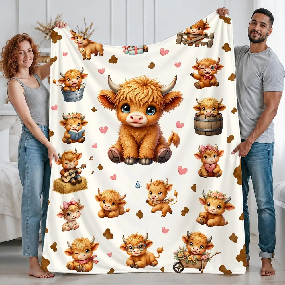 Cute Animal Highland Cow Set Throw Custom Printed Flannel Fleece Blanket for Sofa Bed Office Travel & Camping