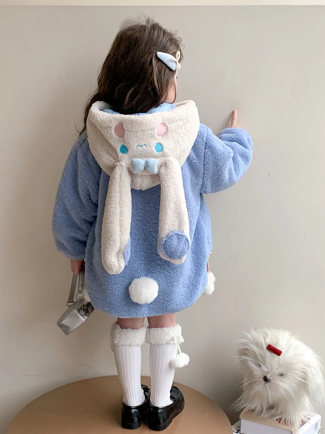 

Trendy Winter Outfit for Girls Furry Hooded Long Ear Warmth Padded Blue Children's Jaet Coat Sweet Loose Fit Polyester Filling