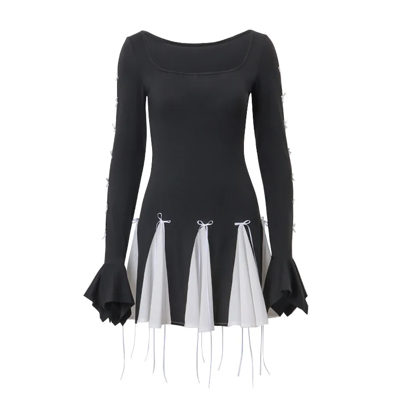 Mini abito nero per le donne autunno Patchwork moda manica svasata fasciatura Sexy o-collo a-line Dress Casual Club elegante Partywear