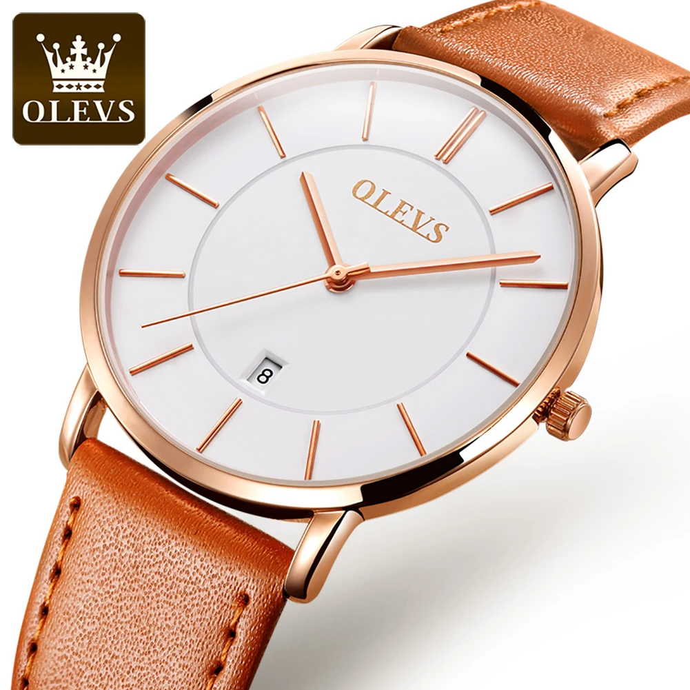 New In OLEVS Quartz Watch for Men Ultra Thin 6.5mm Minimalist Waterproof Date Bussiness Watch Fashion Leather Strap Men\'s Watch