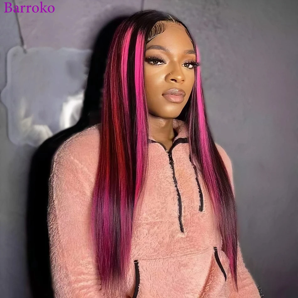 Barroko Highlight Pink 1B Colored Lace  Wig Straight 13x6 Transparent Lace Human Hair Wig Brazilian Remy Hair 180% Pre Plucked