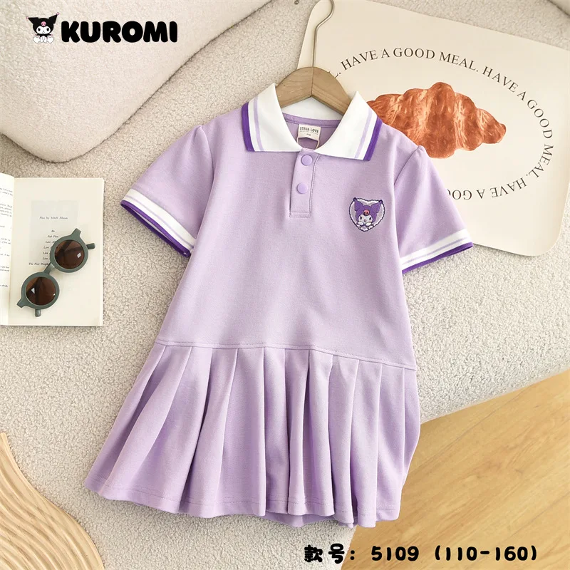 Sanrios My Melody Girls Summer Dress Kuromi Cinnamoroll Kids Jk Pleated Skirt Preppy Cute Short Sleeve Skirt Thin Child Clothes