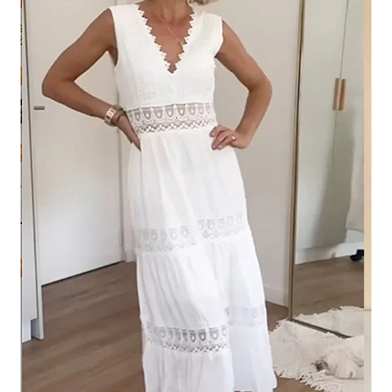 

Bohemian Women's Summer White Long Dress Lace Patchwork Boho Sundress V Neck Sexy Sleeveless Maxi Dresses Lady Vestidos Femme