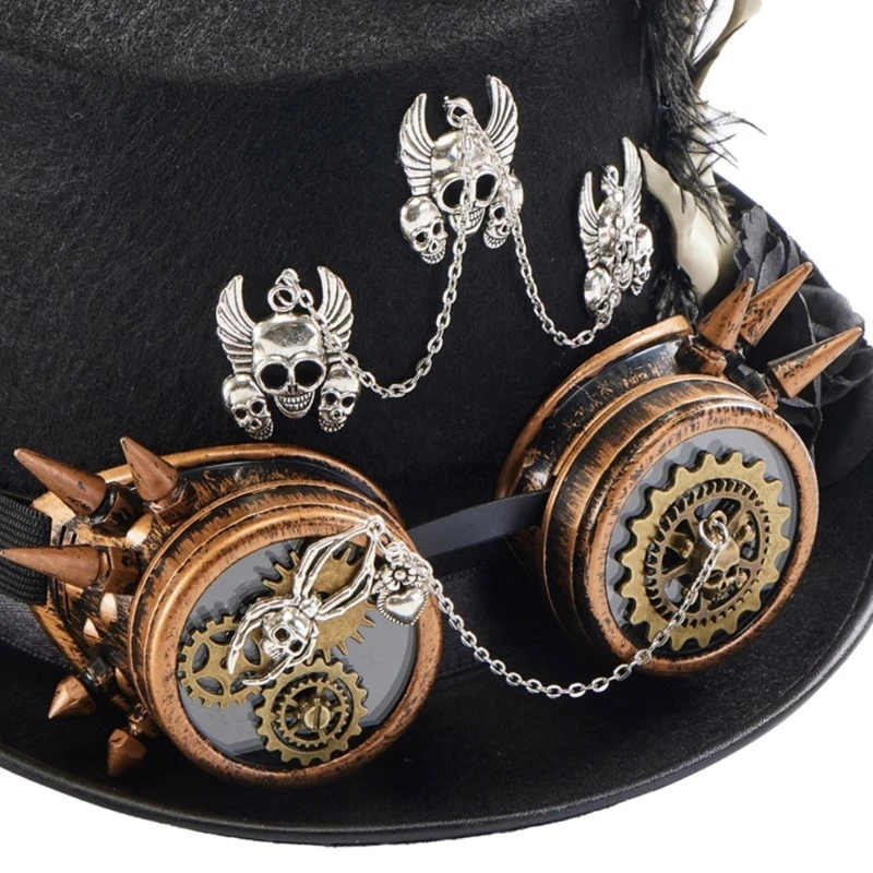 Girl Steampunk Flat Top Hat Halloween Hat with Hand Skeleton&Goggles Decors Dropship