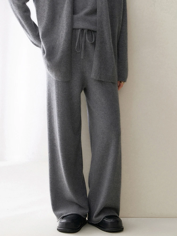 TLOML Women's 100% Cashmere Knit Curled Edges Wide Leg Pants Autumn Winter Cashmere Warm Soft Comfy Drawstring Casual Trousers